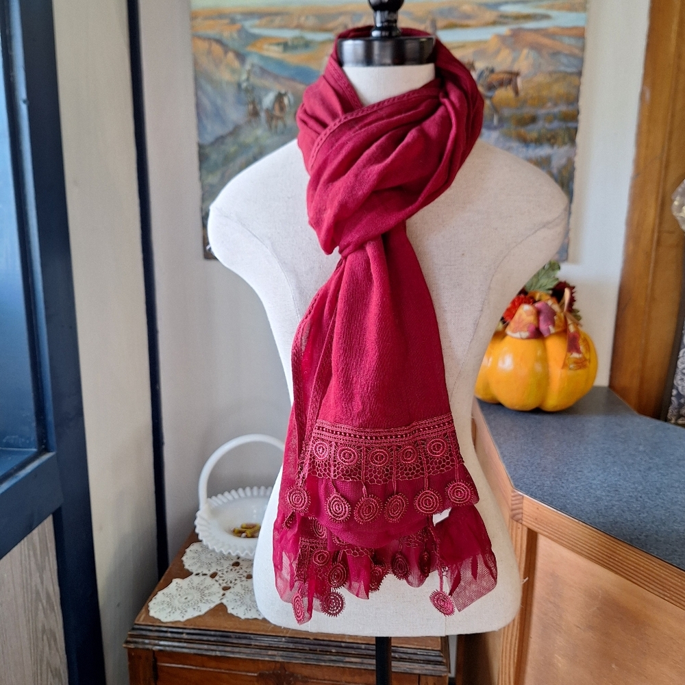Como-Italy Red Wool Scarf with Lace & Crocheted Trim